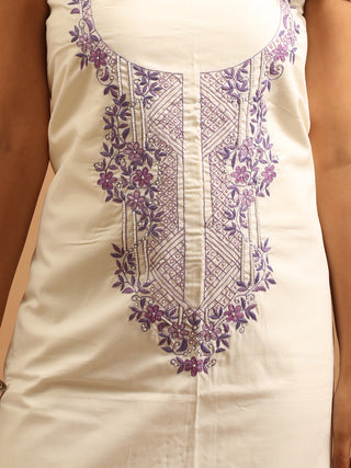 Cream Cotton Silk Kurta with Hand Aari Embroidery, Lavender Handloom Cotton Manipuri Innaphi & Lavender Bottom