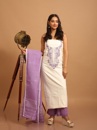 Cream Cotton Silk Kurta with Hand Aari Embroidery, Lavender Handloom Cotton Manipuri Innaphi & Lavender Bottom