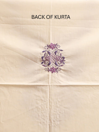Cream Cotton Silk Kurta with Hand Aari Embroidery, Lavender Handloom Cotton Manipuri Innaphi & Lavender Bottom