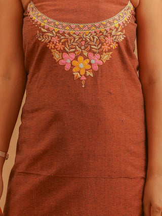 Brown Andhra Handloom Cotton Kurta with Aari Embroidery, Yellow Manipuri Innaphi & Yellow Bottom