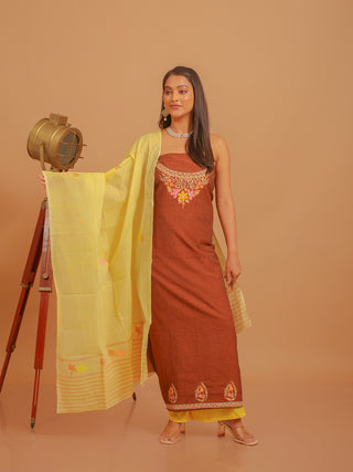 Brown Andhra Handloom Cotton Kurta with Aari Embroidery, Yellow Manipuri Innaphi & Yellow Bottom