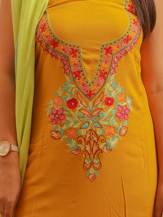 Mustard Rayon Kurta with Hand Aari Embroidery, Lemon Yellow Manipuri Innaphi & Pista Green Bottom