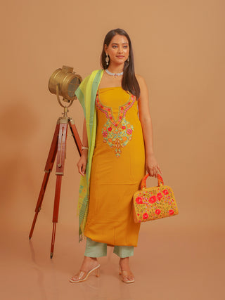 Mustard Rayon Kurta with Hand Aari Embroidery, Lemon Yellow Manipuri Innaphi & Pista Green Bottom