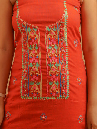Rust Rayon Cotton Kurta with Hand Aari Work, Lemon Yellow Manipuri Innaphi & Lower