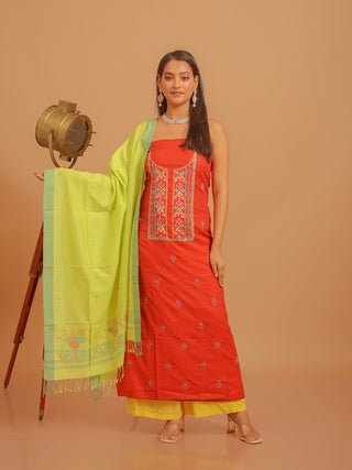 Rust Rayon Cotton Kurta with Hand Aari Work, Lemon Yellow Manipuri Innaphi & Lower