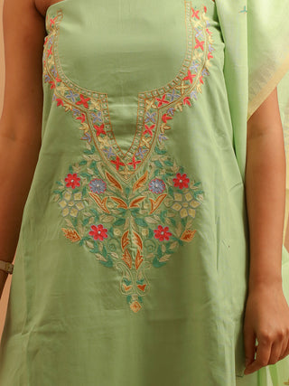 Pistachio Green Pure Cotton Kurta with Hand Aari Embroidery, Matching Manipuri Innaphi & Lower