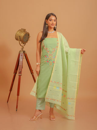 Pistachio Green Pure Cotton Kurta with Hand Aari Embroidery, Matching Manipuri Innaphi & Lower