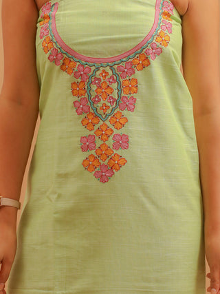 Light Pista Green Cotton Kurta with Floral Aari Work, Lilac Border Manipuri Innaphi & Matching Lower