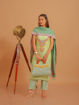 Light Pista Green Cotton Kurta with Floral Aari Work, Lilac Border Manipuri Innaphi & Matching Lower