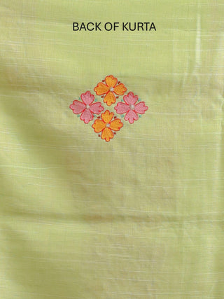 Light Pista Green Cotton Kurta with Floral Aari Work, Lilac Border Manipuri Innaphi & Matching Lower