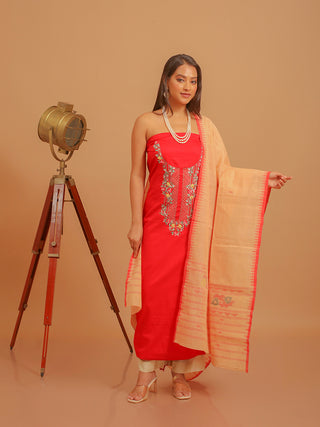 Red Cotton Silk Kurta with Aari Work, Beige Manipuri Innaphi & Beige Bottom