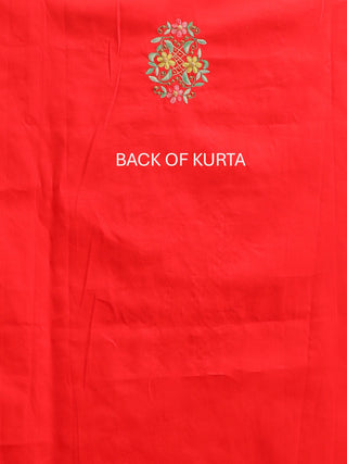 Red Cotton Silk Kurta with Aari Work, Beige Manipuri Innaphi & Beige Bottom