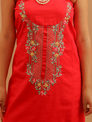 Red Cotton Silk Kurta with Aari Work, Beige Manipuri Innaphi & Beige Bottom