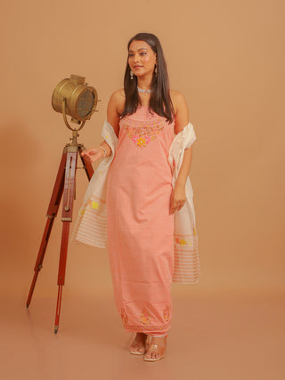 Peach Andhra Cotton Handloom Kurta with Aari Work, Cream Manipuri Innaphi & Cream Bottom