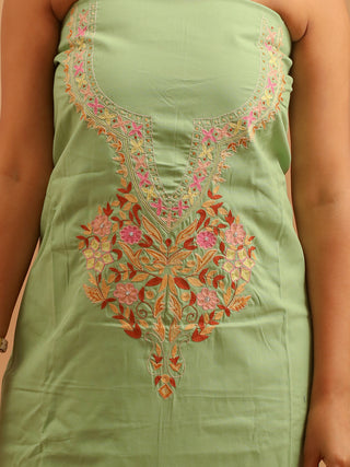 Pista Green Cotton Kurta with Hand Aari Embroidery, Peach Manipuri Innaphi & Lower