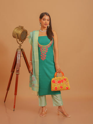Emerald Green Cotton Kurta with Aari Work, Pista Green Manipuri Innaphi & Bottom