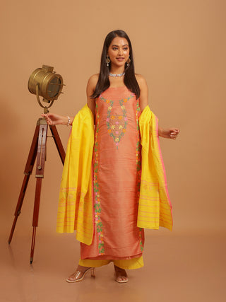 Peach Cotton Silk Kurta with Aari Embroidery, Yellow Manipuri Innaphi & Lower