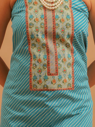 Turquoise Printed Glazed Cotton Kurta Set with Mirror Work Highlights