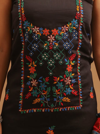 Black Cotton Silk Kurta with Aari Embroidery, Pochampally Silk Dupatta & Indigo Blue Lower