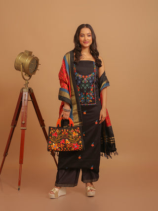 Black Cotton Silk Kurta with Aari Embroidery, Pochampally Silk Dupatta & Indigo Blue Lower