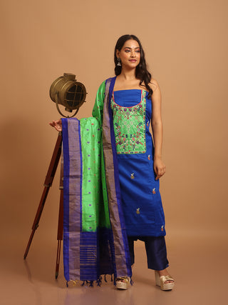 Royal Blue Kurta with Embossed Green Yoke with Hand Aari & Pochampally Silk Dupatta