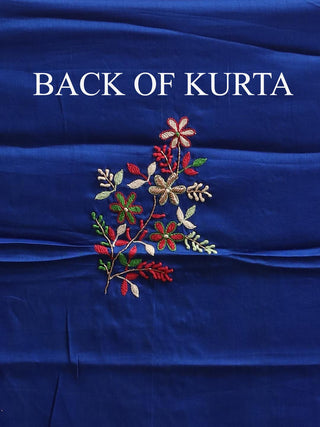Royal Blue Kurta with Embossed Green Yoke with Hand Aari & Pochampally Silk Dupatta
