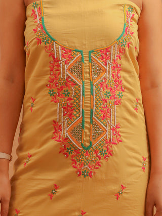 Golden Beige Cotton Silk Kurta with Aari Embroidery & Fuchsia-Orange Pochampally Dupatta
