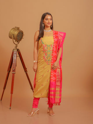 Golden Beige Cotton Silk Kurta with Aari Embroidery & Fuchsia-Orange Pochampally Dupatta