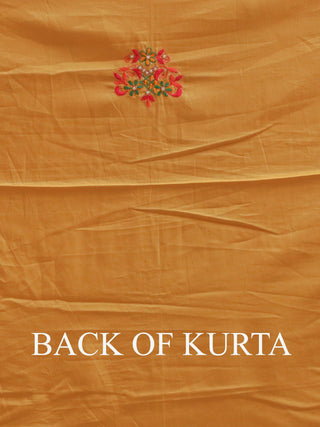 Golden Beige Cotton Silk Kurta with Aari Embroidery & Fuchsia-Orange Pochampally Dupatta