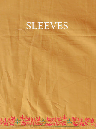 Golden Beige Cotton Silk Kurta with Aari Embroidery & Fuchsia-Orange Pochampally Dupatta