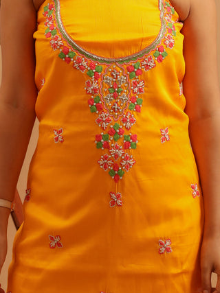 Tangerine Cotton Silk Kurta with Aari Embroidery & Green-Orange Pochampally Silk Dupatta
