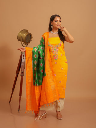 Tangerine Cotton Silk Kurta with Aari Embroidery & Green-Orange Pochampally Silk Dupatta