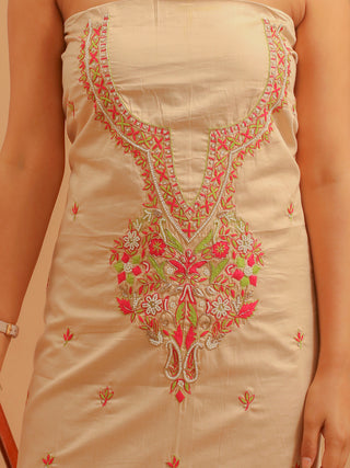 Cream Cotton Silk Kurta with Aari Embroidery & Green-Pink Pochampally Silk Dupatta