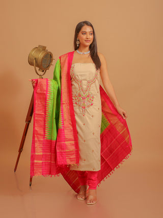 Cream Cotton Silk Kurta with Aari Embroidery & Green-Pink Pochampally Silk Dupatta