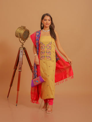Deep Sandal Cotton Silk Kurta with Aari Embroidery & Navy Blue-Fuchsia Pochampally Silk Dupatta