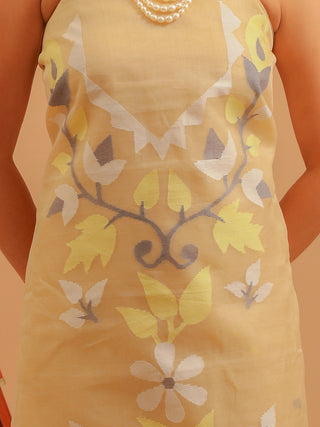 Light-Gold Three-Piece Handwoven Resham Dress Material From Fulia With Multicolour Jamdani Weaves