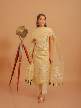 Light-Gold Three-Piece Handwoven Resham Dress Material From Fulia With Multicolour Jamdani Weaves