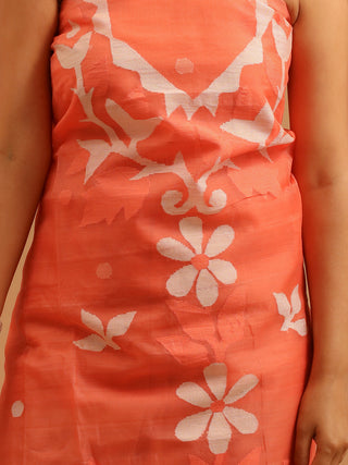 Carrot Colour Three-Piece Handwoven Resham Dress Material From Fulia With Multicolour Jamdani Weaves