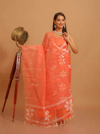 Carrot Colour Three-Piece Handwoven Resham Dress Material From Fulia With Multicolour Jamdani Weaves