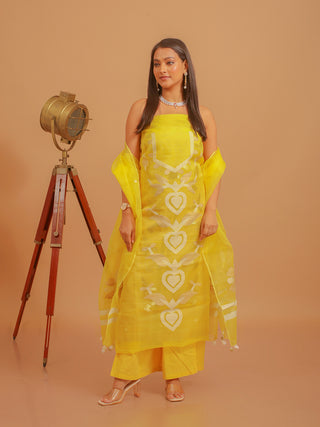 Lemon-Yellow Three-Piece Handwoven Resham Dress Material From Fulia With Multicolour Jamdani Weaves