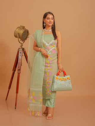 Light-Pistachio Green Three-Piece Handwoven Resham Dress Material From Fulia With Multicolour Jamdani Weaves
