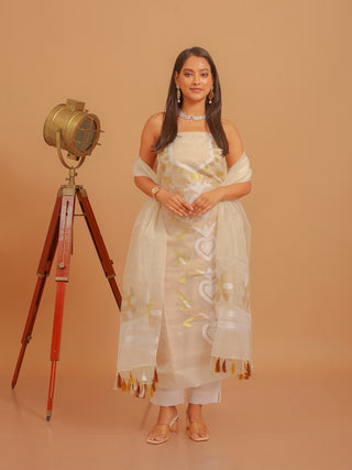 Beige Three-Piece Handwoven Resham Dress Material From Fulia With Multicolour Jamdani Weaves