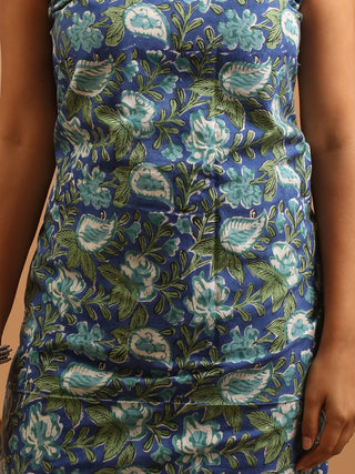 Blue Floral Sanganeri Cotton Dress Material with Chiffon Dupatta