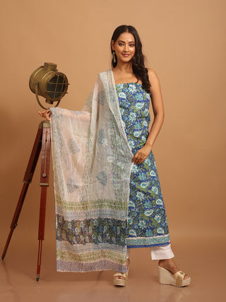 Blue Floral Sanganeri Cotton Dress Material with Chiffon Dupatta