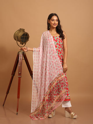 Red Floral Sanganeri Cotton Dress Material with Chiffon Dupatta