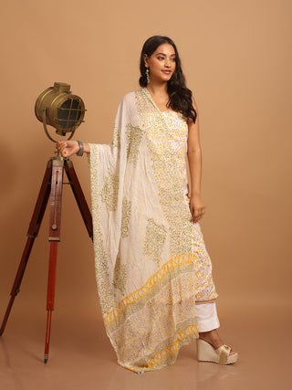 Yellow and White Floral Sanganeri Cotton Dress Material with Chiffon Dupatta