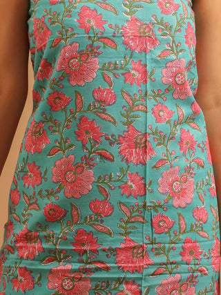 Aqua Blue and Peachish Pink Floral Sanganeri Cotton Dress Material with Chiffon Dupatta