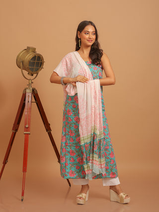Aqua Blue and Peachish Pink Floral Sanganeri Cotton Dress Material with Chiffon Dupatta