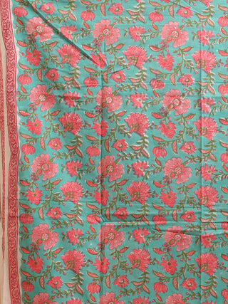 Aqua Blue and Peachish Pink Floral Sanganeri Cotton Dress Material with Chiffon Dupatta