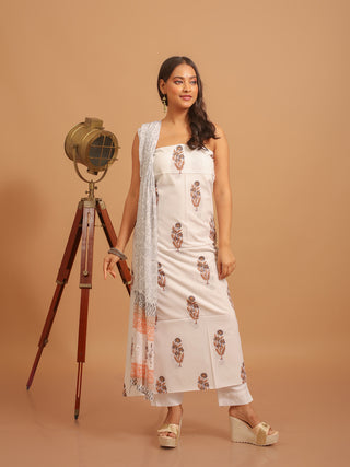 Beige, Grey and Brown Traditional Sanganeri Cotton Dress Material with Chiffon Dupatta